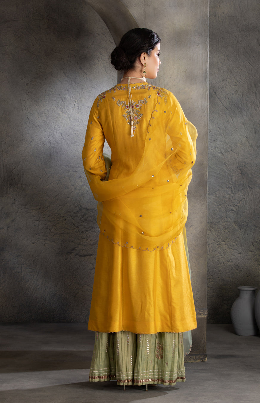 Yellow Floral Embroidered Angrakha Style Kurta Set