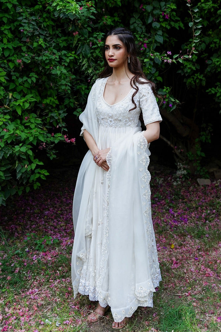 Ivory Embroidered Anarkali With Churidaar & Silk Organza Dupatta