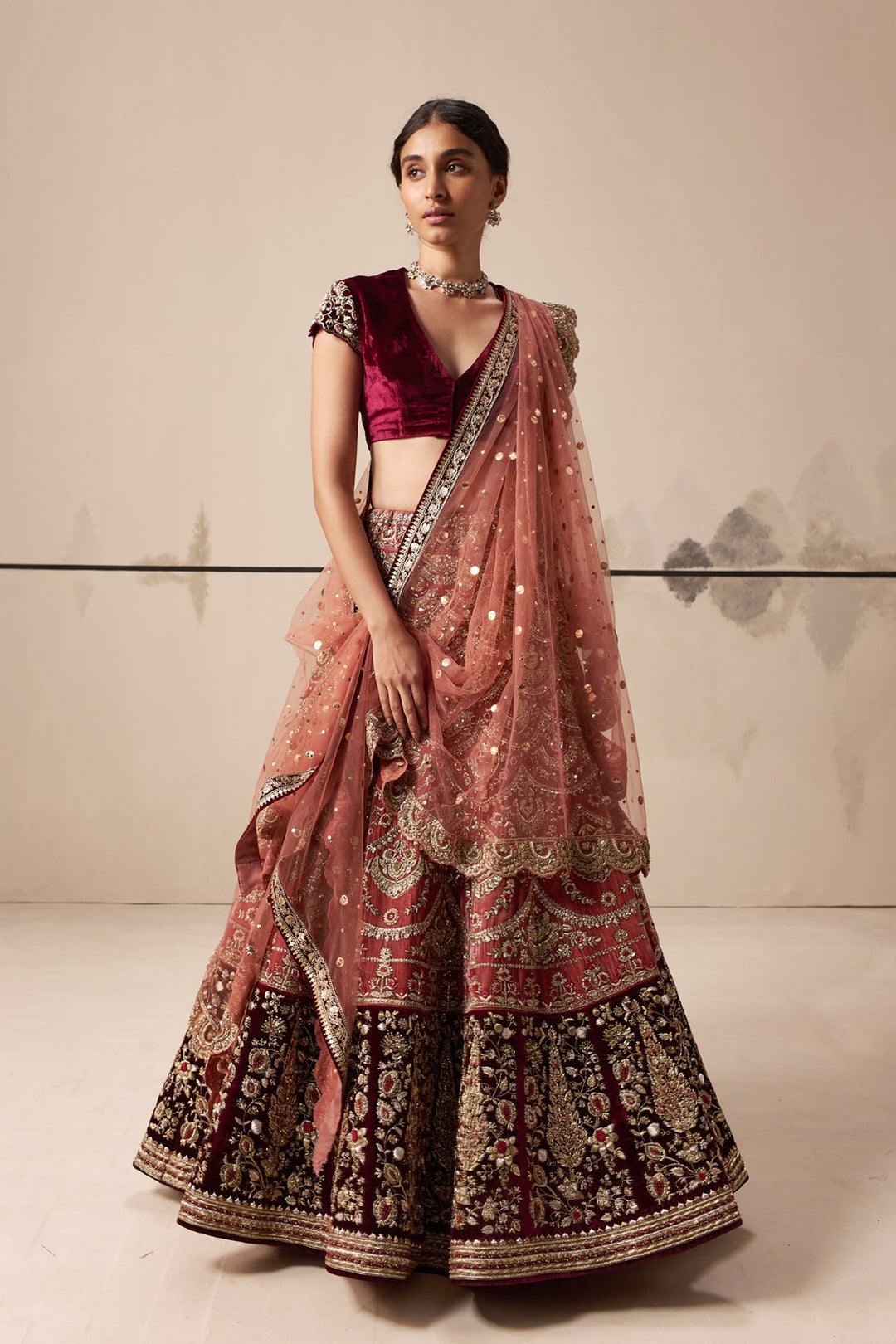 Old Rose And Ruby Embroidered Lehenga