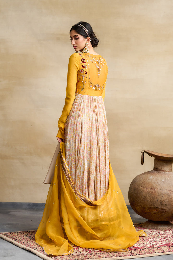 Yellow & Toosh Chanderi Printed & Embroidered Anarkali Set (3 PCS)