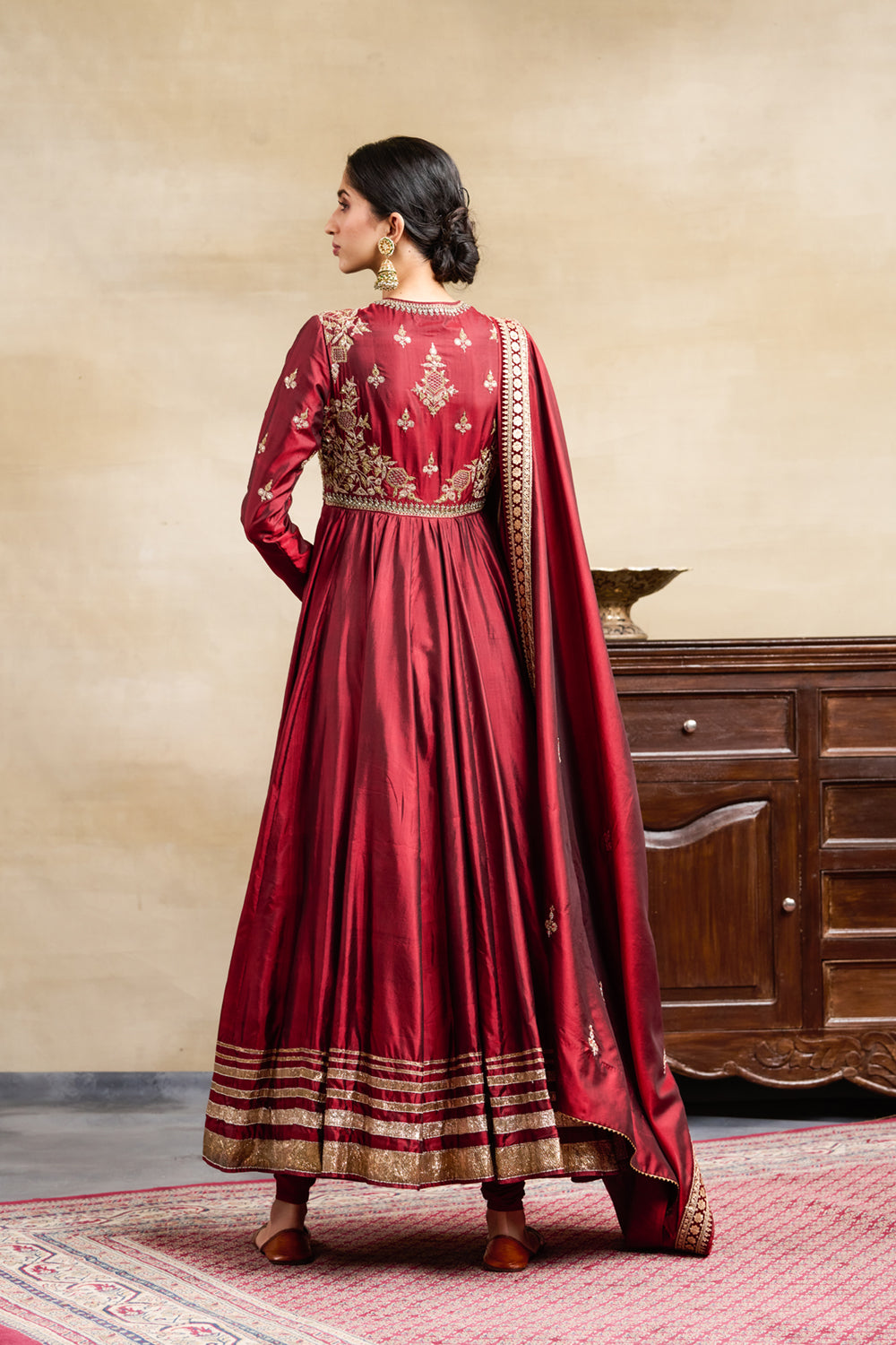 Maroon Silk Jacket Style Embroidered Anarkali Set