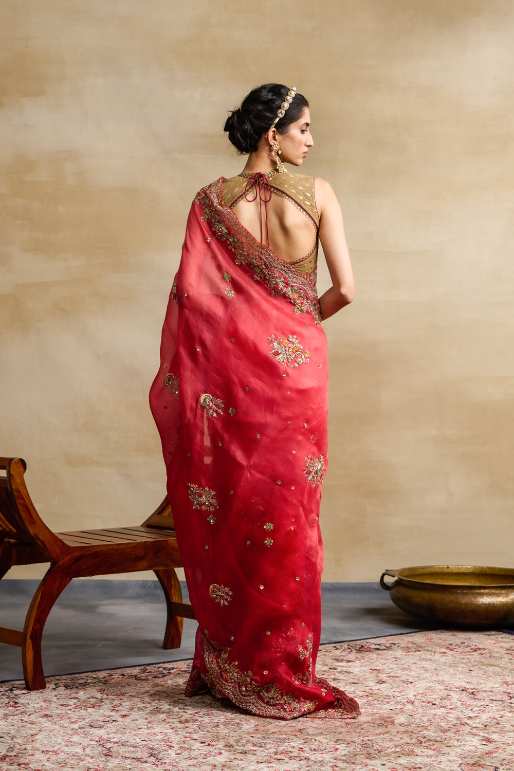 Red Organza Embroidered Saree Set (3 PCS)