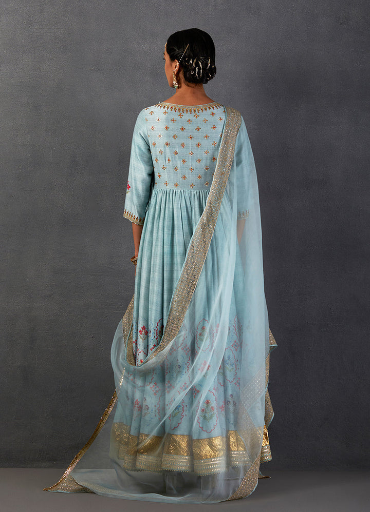 Aqua Silk Chanderi Printed & Embroidered Angrakha Style Anarkali Set