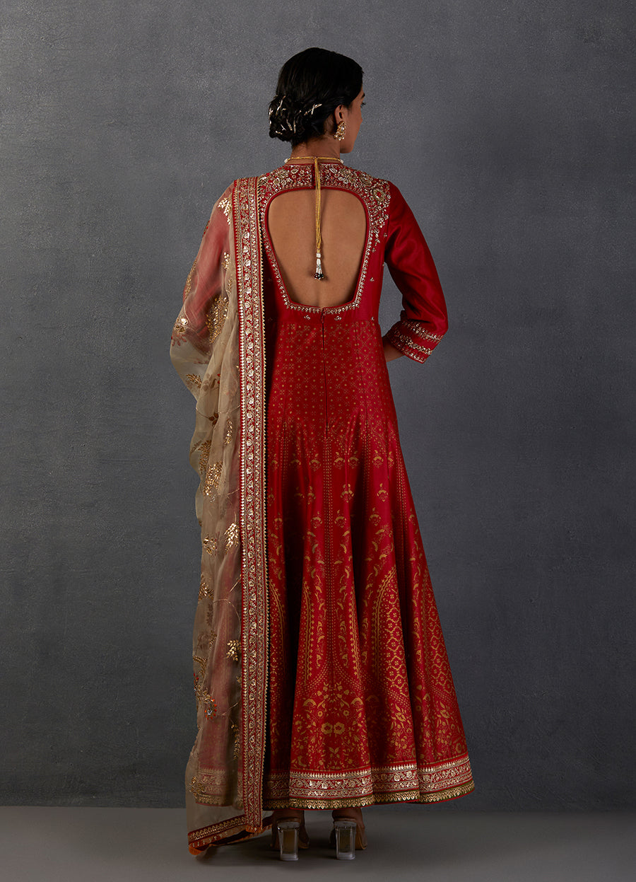 Crimson Red Silk Chanderi Gold Printed &Amp; Embroidered Anarkali Set