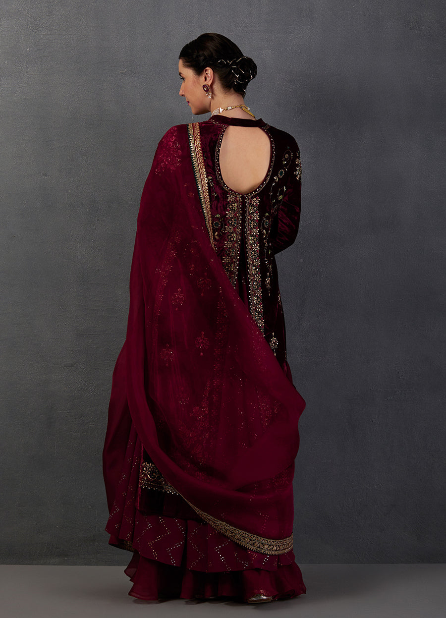 Maroon Silk Velvet Embroidered Jacket Set