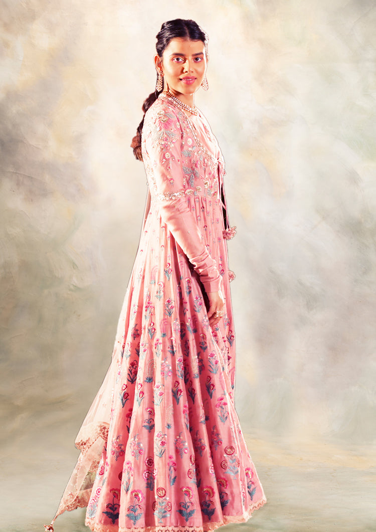 Old Rose Embroidered Angrakha Style Kurta Set