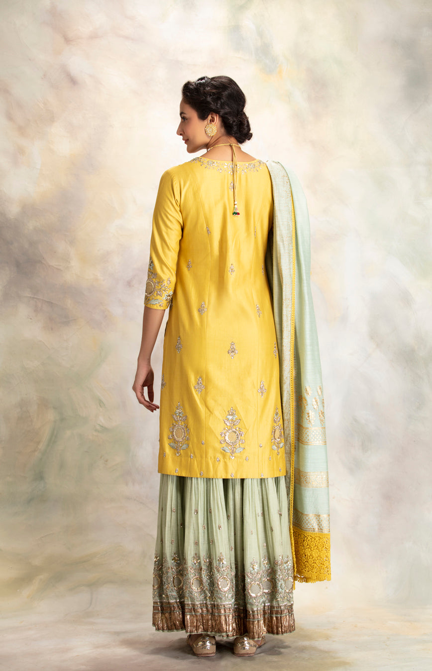 Yellow Zardozi Embroidered Kurta With Mint Sharara