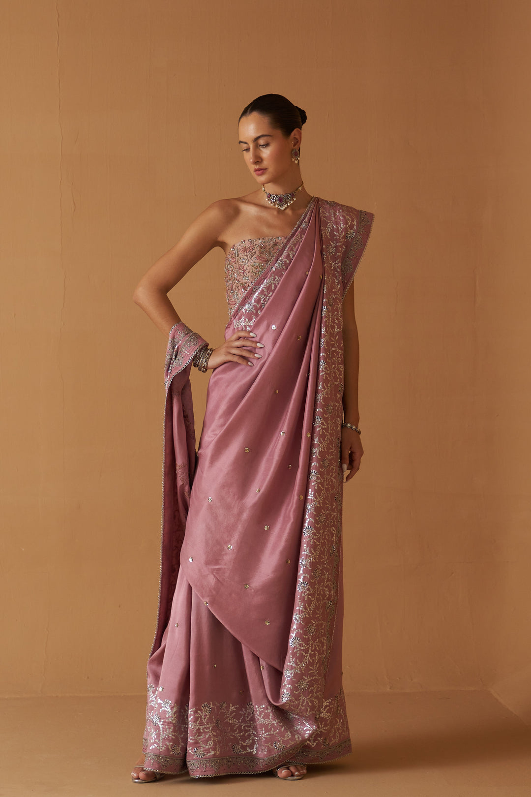 Lilac Chinese Dupion Foil Printed & Embroidered Saree Set (3 PCS)