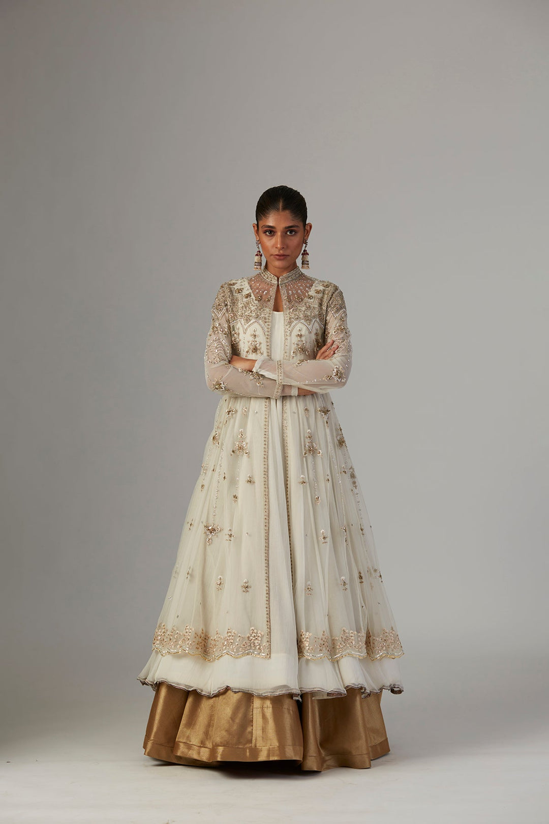 Ivory Chiffon Anarkali Paired With Tulle Net Jacket