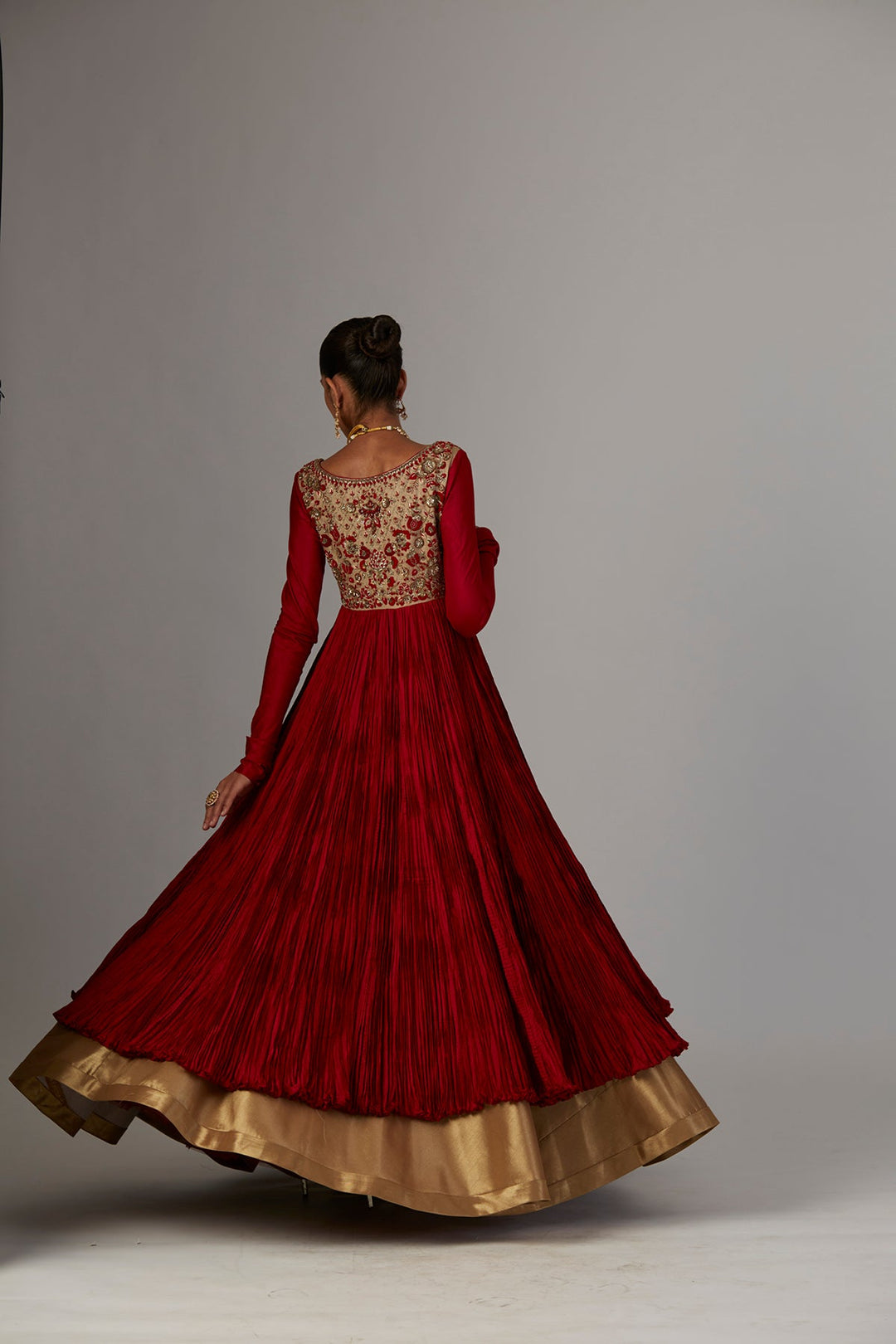 Red Silk Emb. Anarkali Organza Emb. Dupatta & Copper Lame Skirt