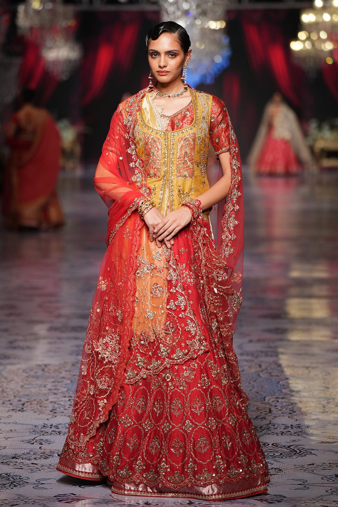 Red & Yellow Silk Dupion Embroidered Double Layered Lehenga & Dupatta (1 PC)