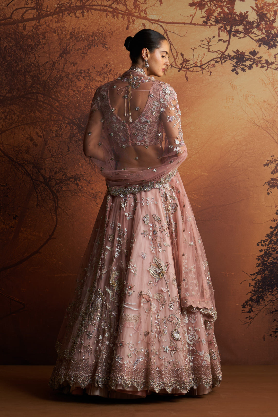 Salmon Pink Embroidered Double Layer Lehnga Paired With Scallop Embroidered Veil And Dupatta