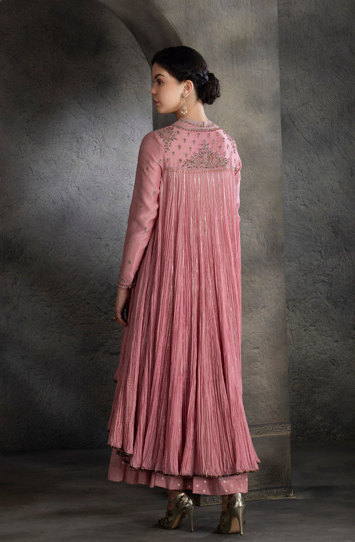 Dusty Pink Chanderi & Cotton Floral Embroidered Angrakha Set