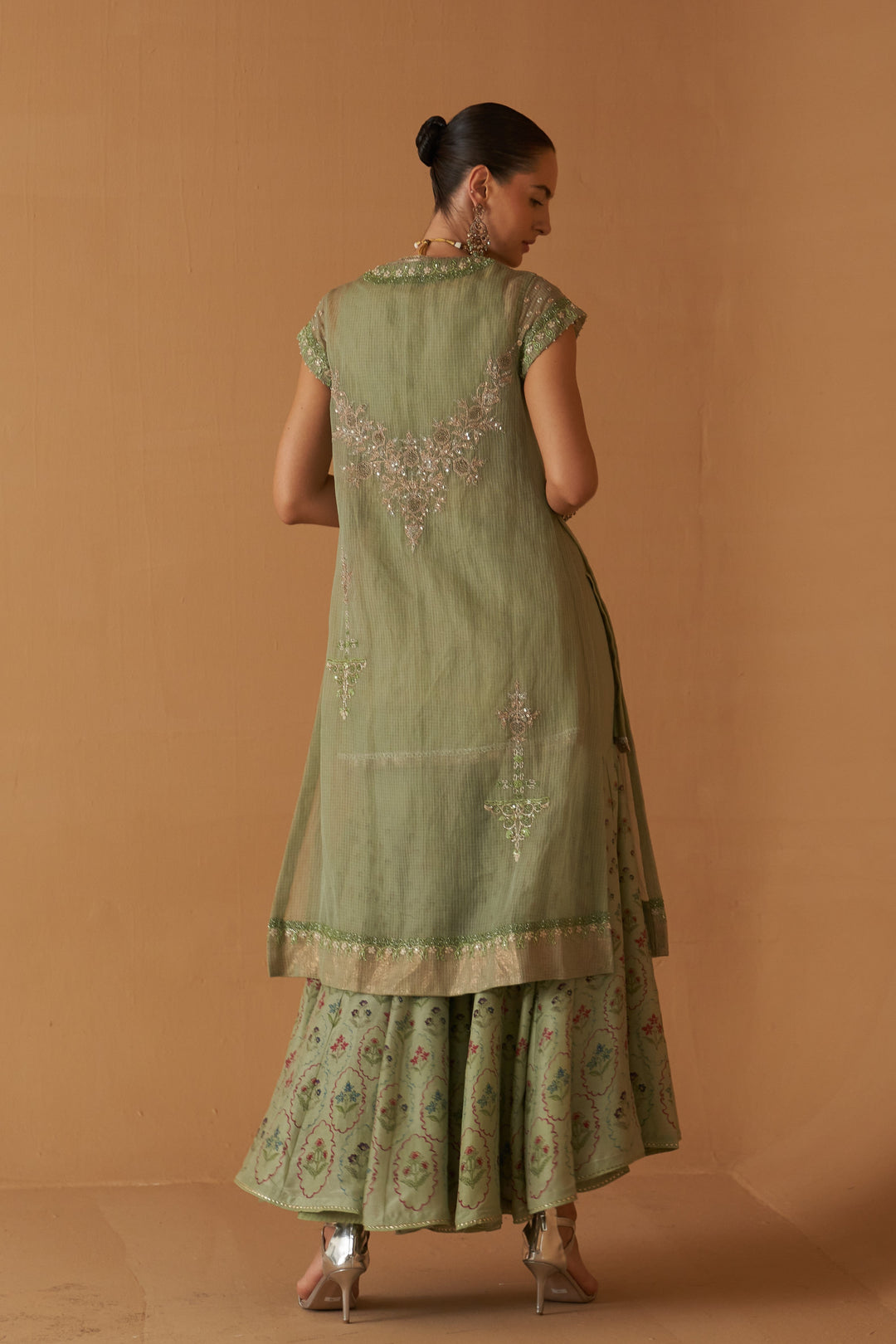 Mint Kota Tissue Embroidered Jacket With Mint Maheshwari Tissue Inner And Mint Printed Sharara