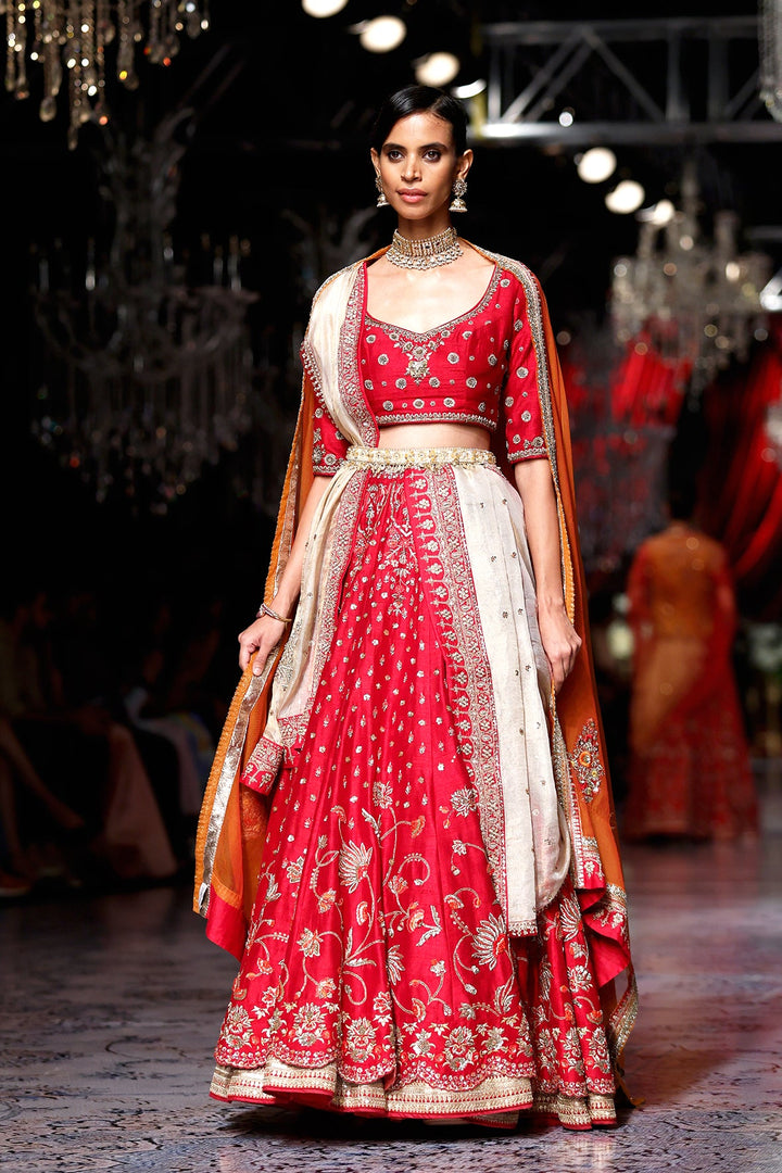 Red & Orange Dupion Embroidered Lehenga Only (1 PC)