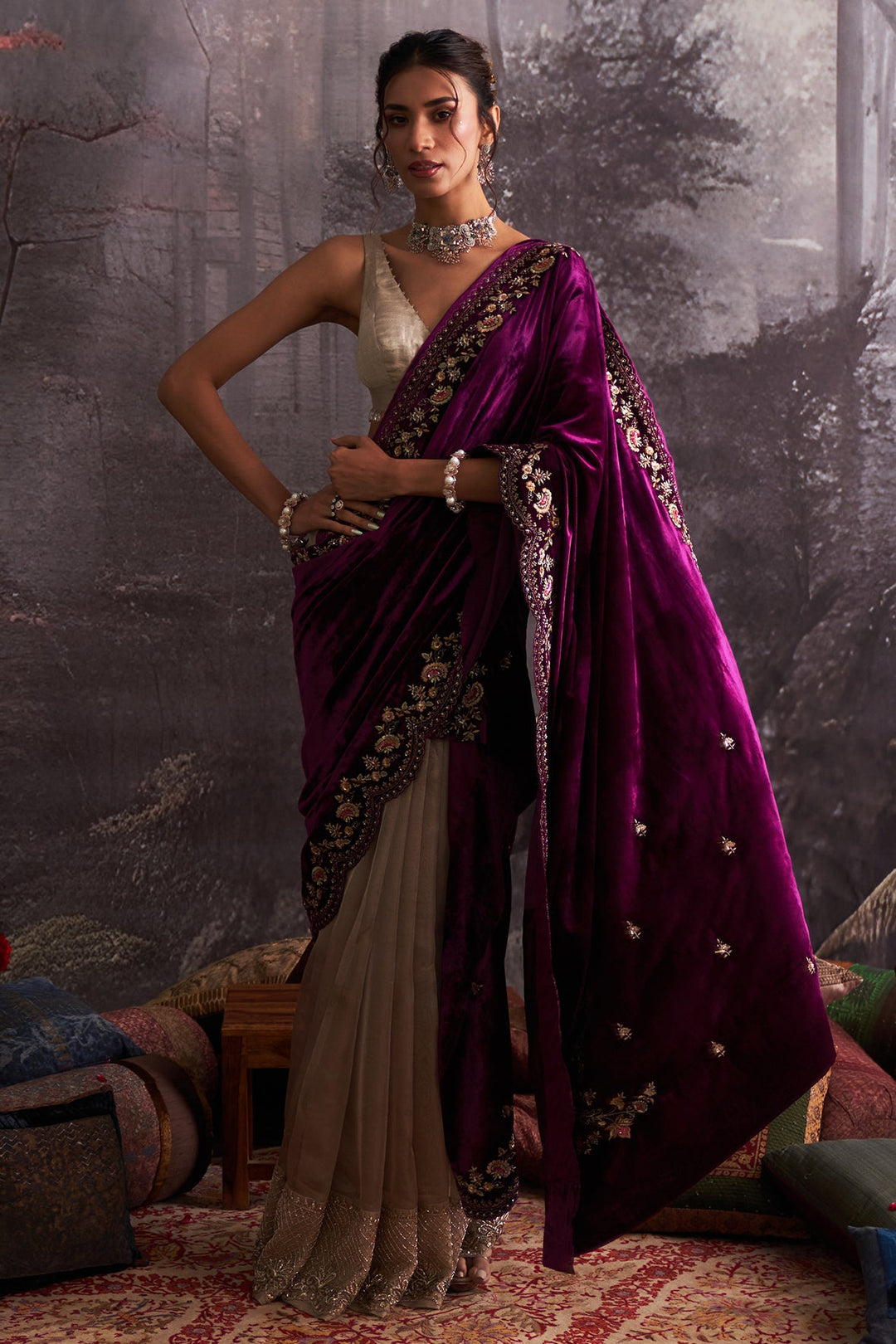 Brown Crush Organza Tissue & Purple Velvet Embroidered Saree Set (4 PCS)