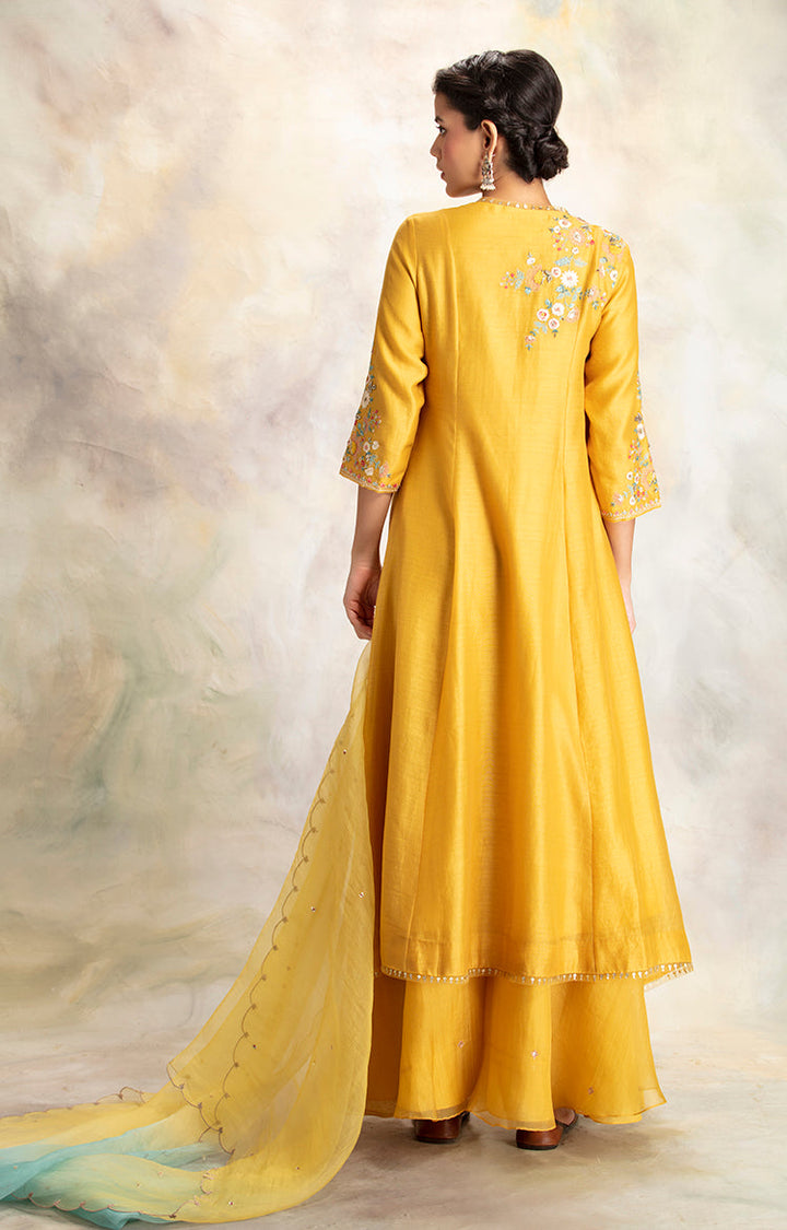 Yellow Silk Chanderi Floral Embroidered Angrakha Kurta With Yellow Organza Sharara & Yellow & Blue Ombre Organza Dupatta