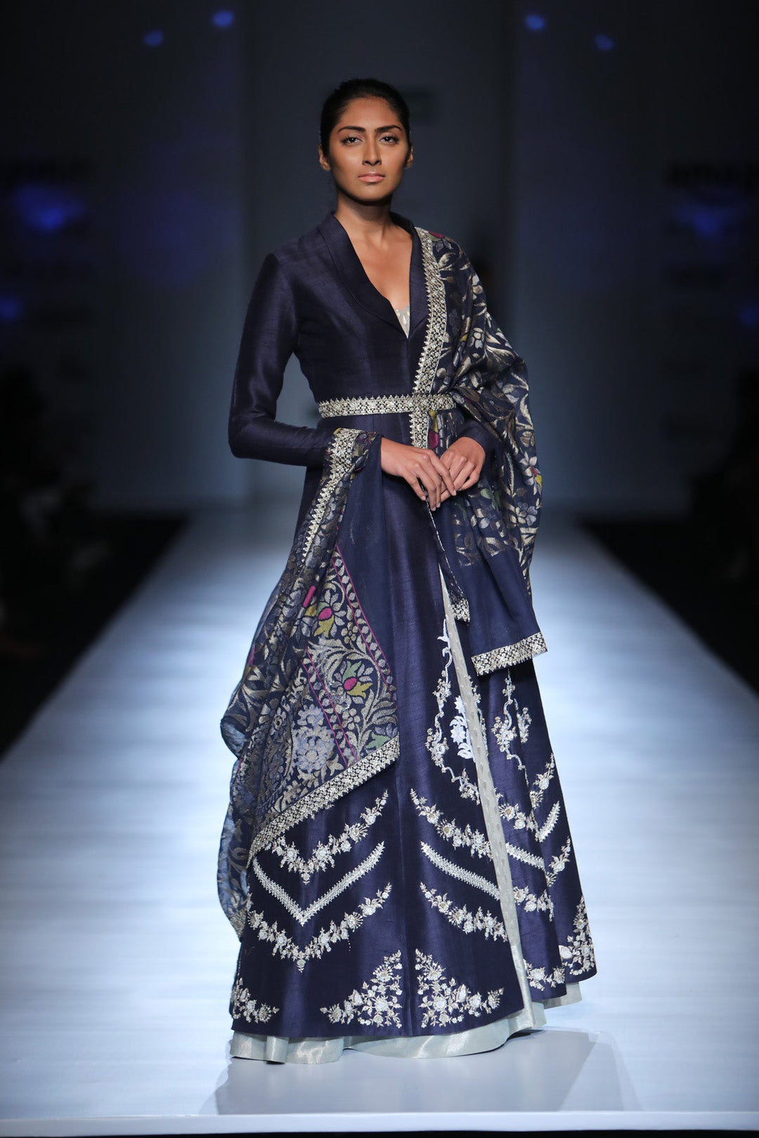 Indigo Embroidered Jacket With Kurta & Dupatta