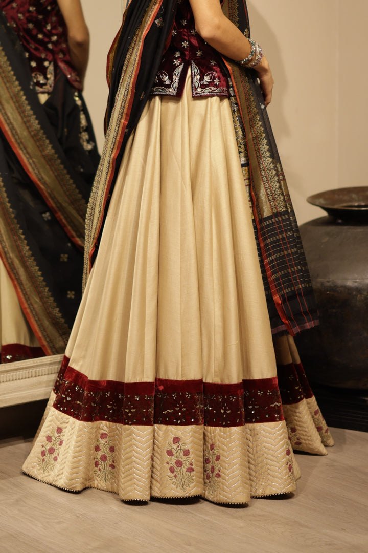 Light Grey Dupion Embroidered Bordered Work Lehenga