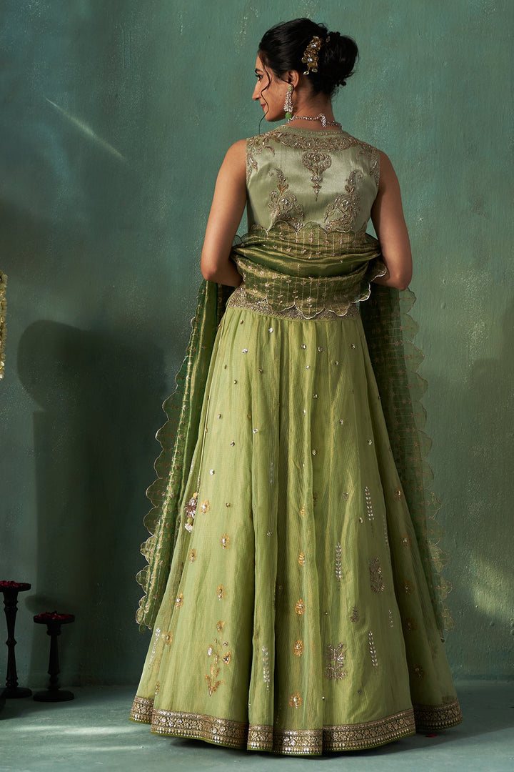 Mint Tissue Embroidered Lehenga Set (4 PCS)