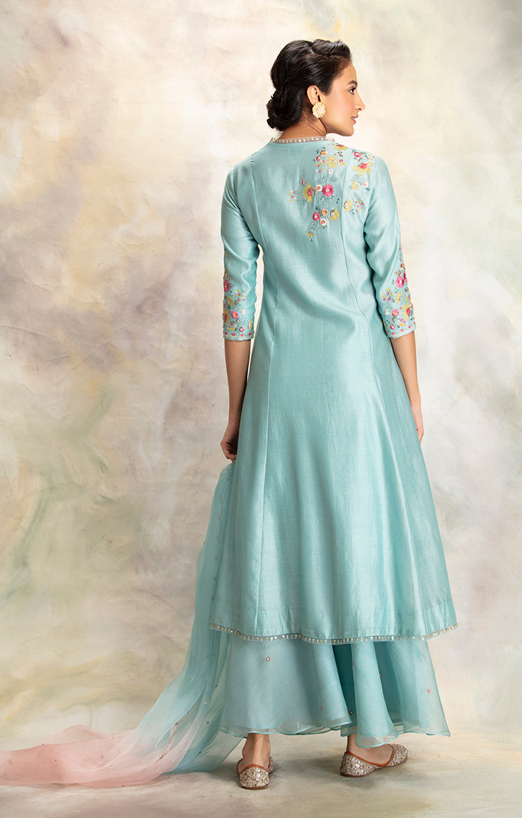 Multicolour Floral Motifs Embroidered Aqua Blue Kurta Set