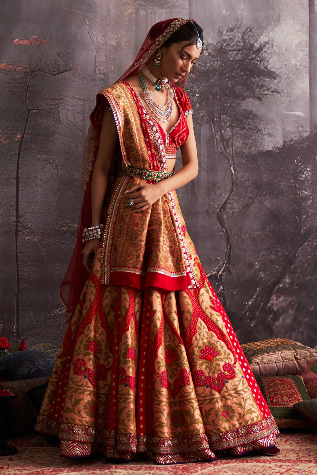 Red Bandhani Embroidered Lehenga Set (4 PCS)