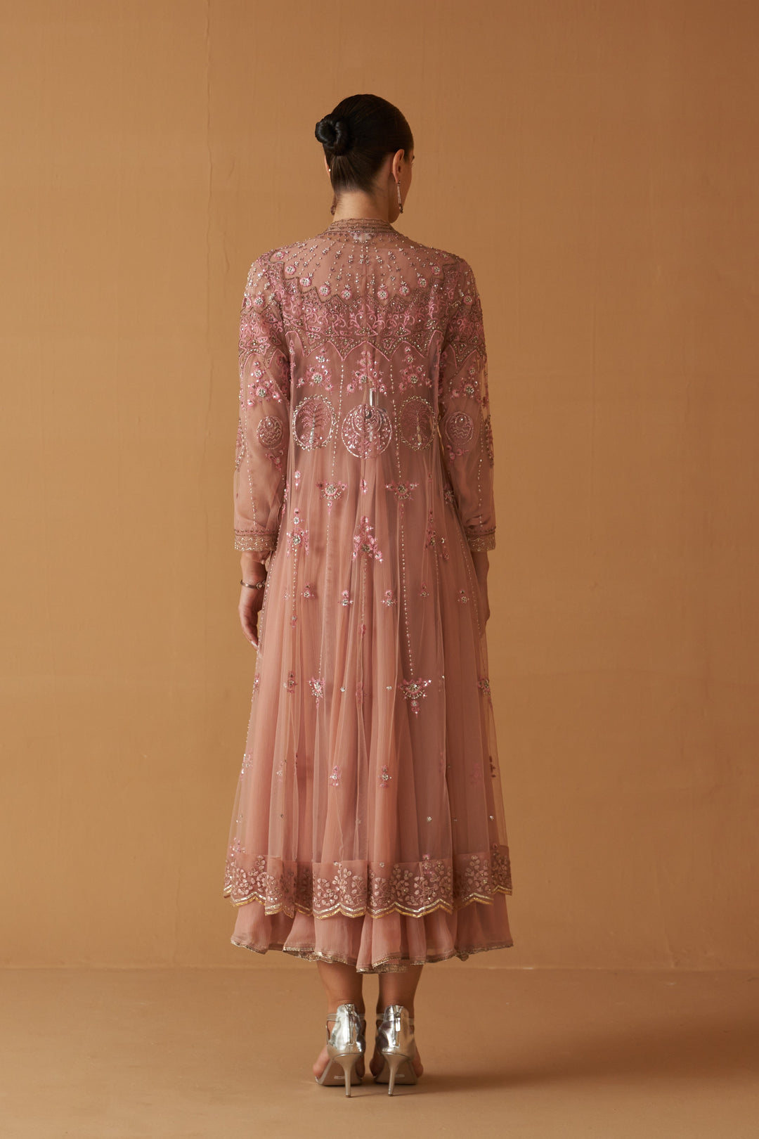 Old Rose Net Embroidered Jacket And Old Rose Chiifon Anarkali