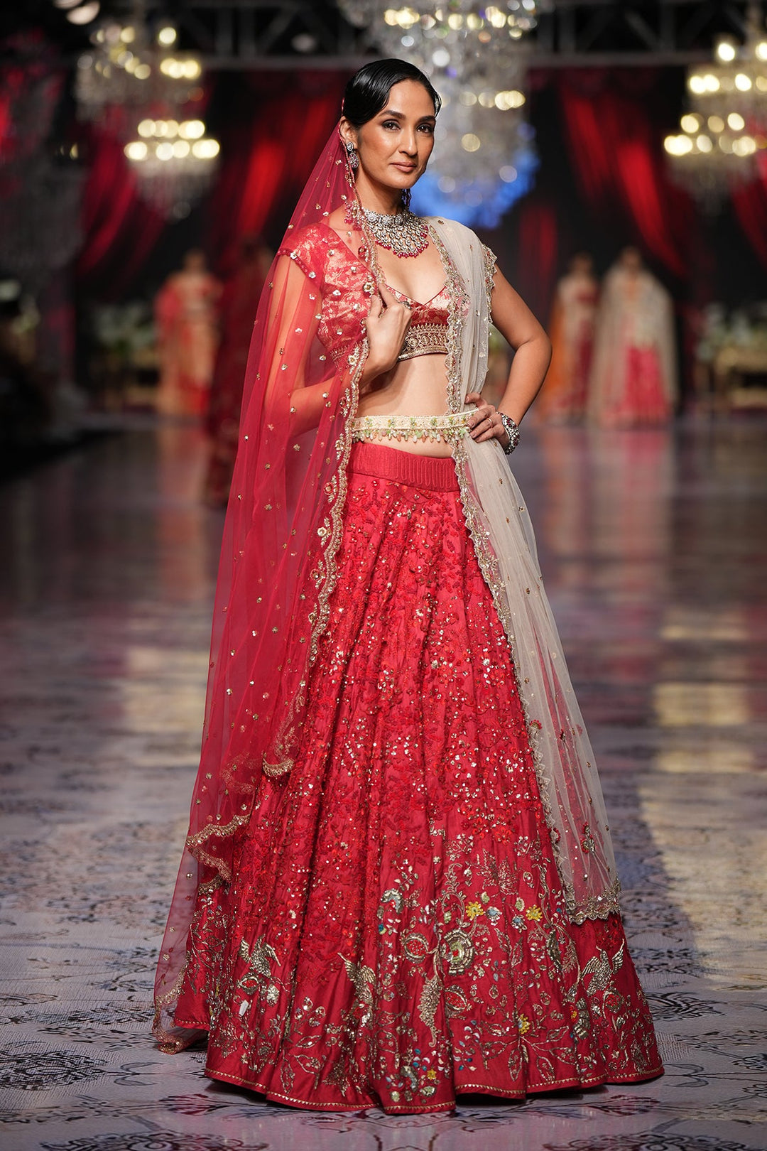 Summer Red Dupion Embroidered Lehenga Set (4 PCS)