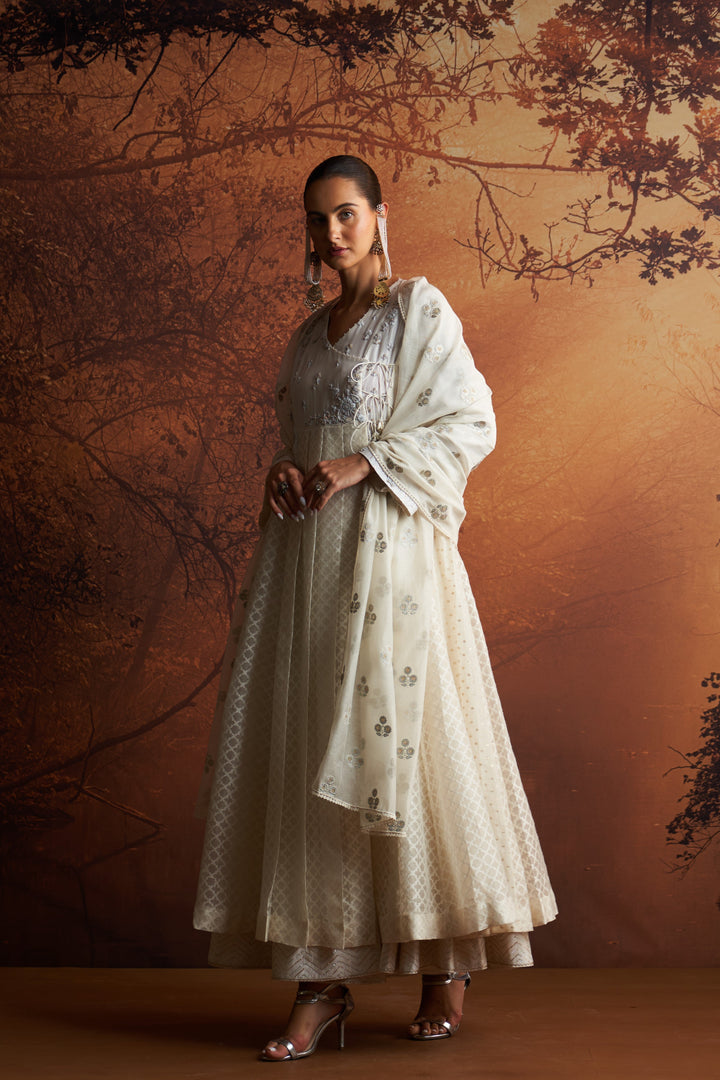 Ivory Embroidered Cutwork Woven Double Layer Angrakha Set