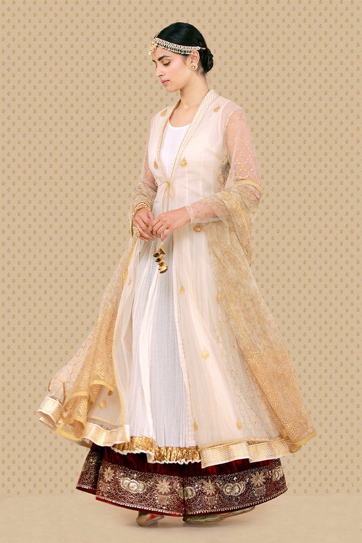 Graceful Cutwork  Jacket, Crinkled Kurta, Izhaar & Dupatta Set