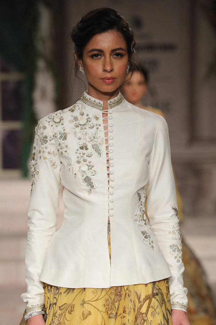 Ivory Matin Tussar Zardozi Embroidered Peplum Blouse With Yellow Floral Organza Printed Circular Skirt