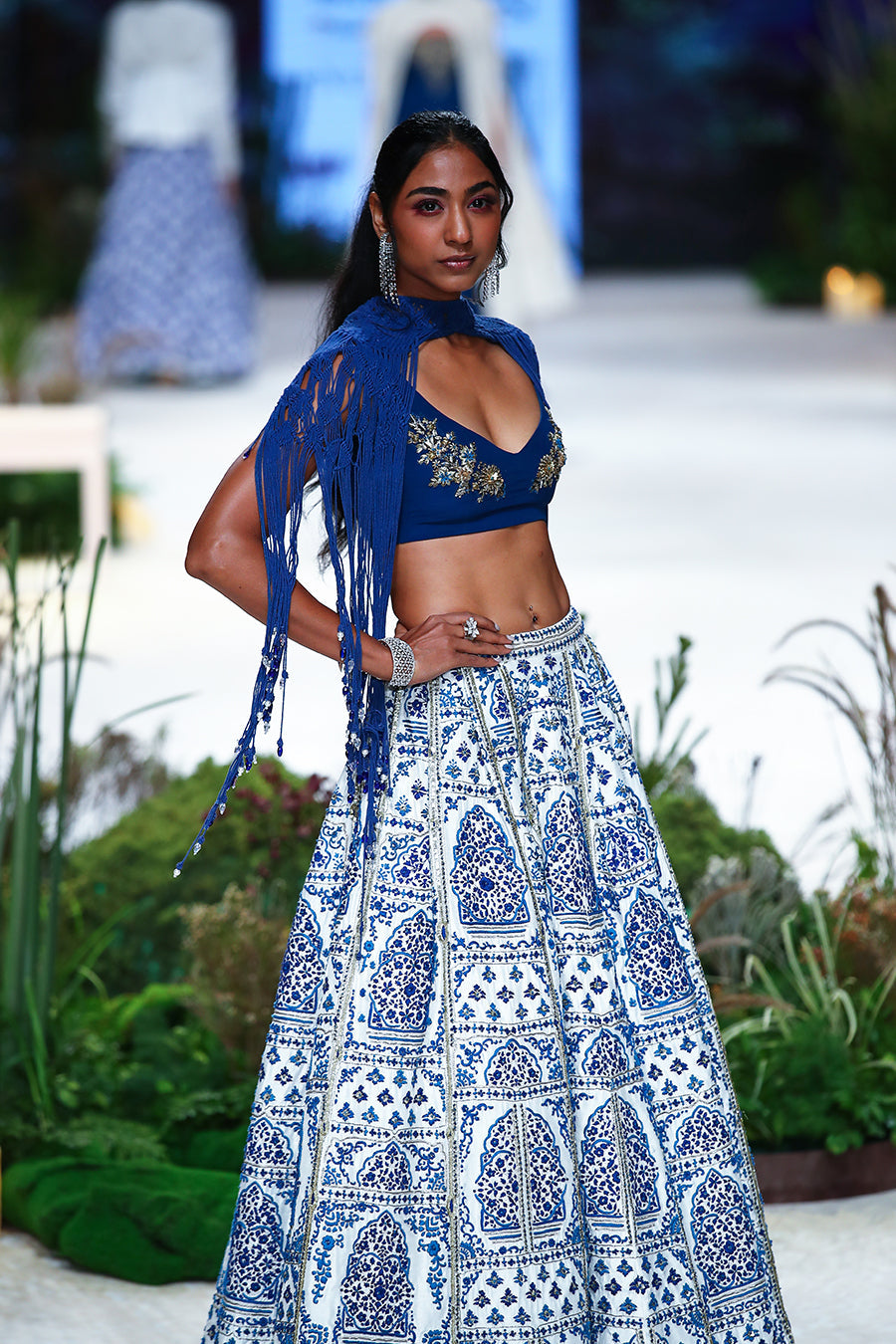 Electric Blue Macrame Tulle Cape With Electric Blue Emb. Viscose Dupion Blouse And Skirt