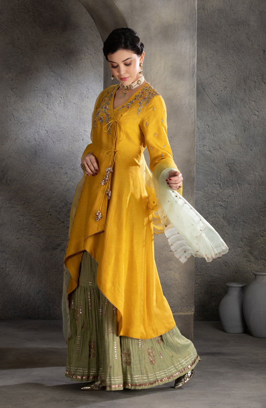 Yellow Floral Embroidered Angrakha Style Kurta Set