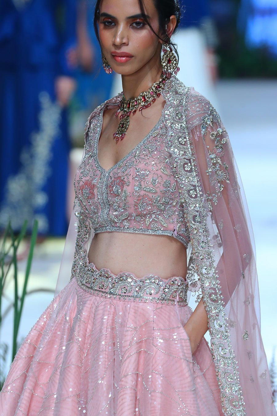 Old Rose Net Embroidered Lehenga