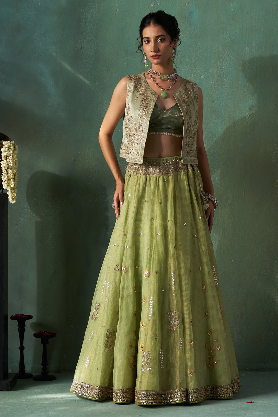 Mint Tissue Embroidered Lehenga Set (4 PCS)