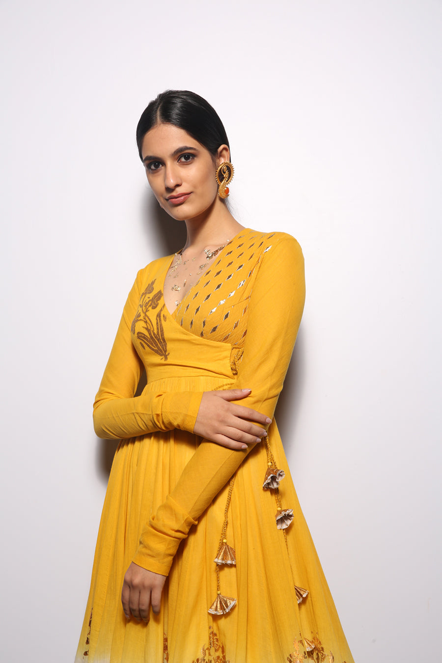 Turmeric & Ivory Khadi Embroidered & Foil Printed Angrakha Set (3 PCS)