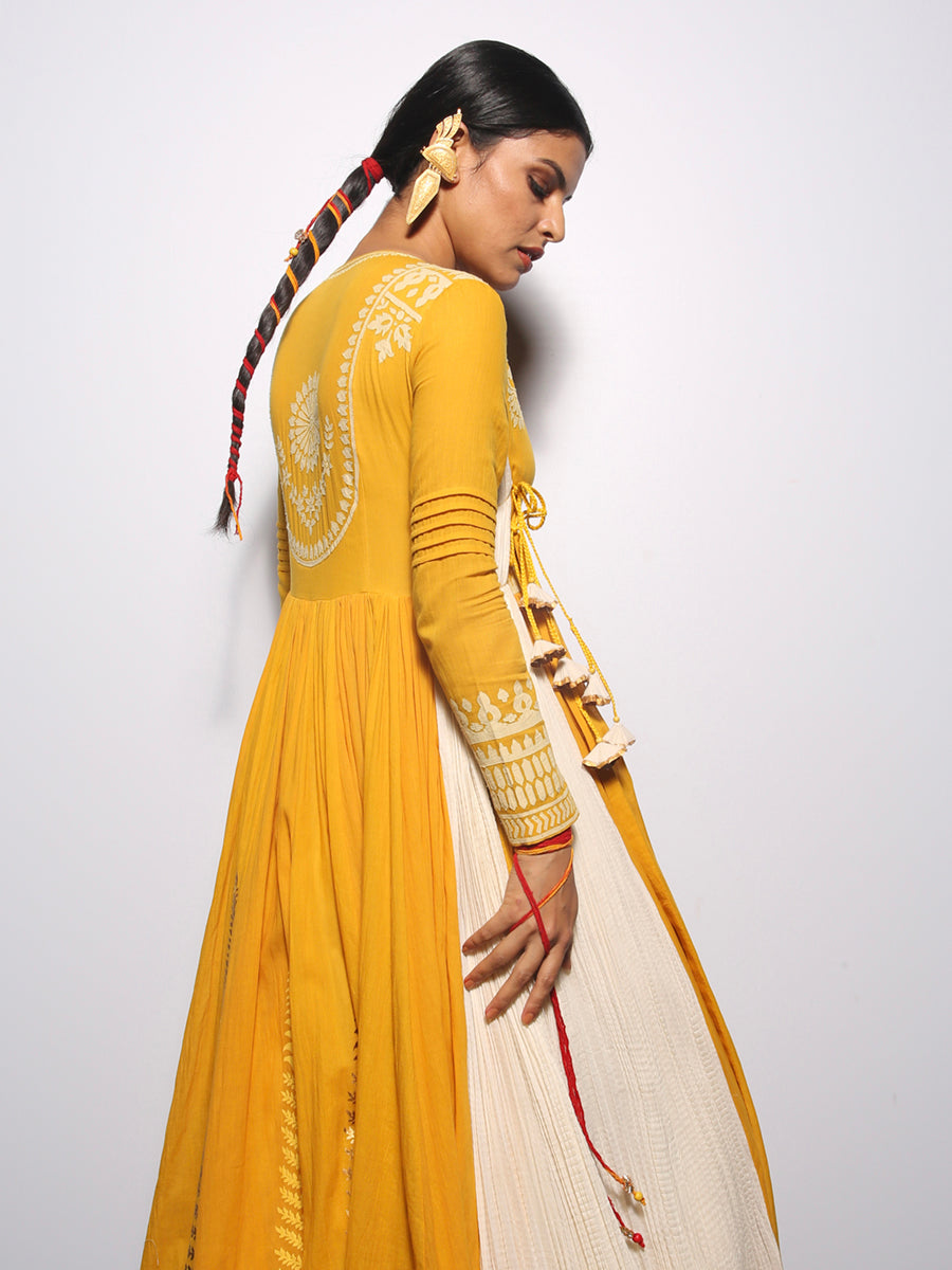 Turmeric & Ivory Khadi Embroidered & Foil Printed Angrakha Set (2 PCS)