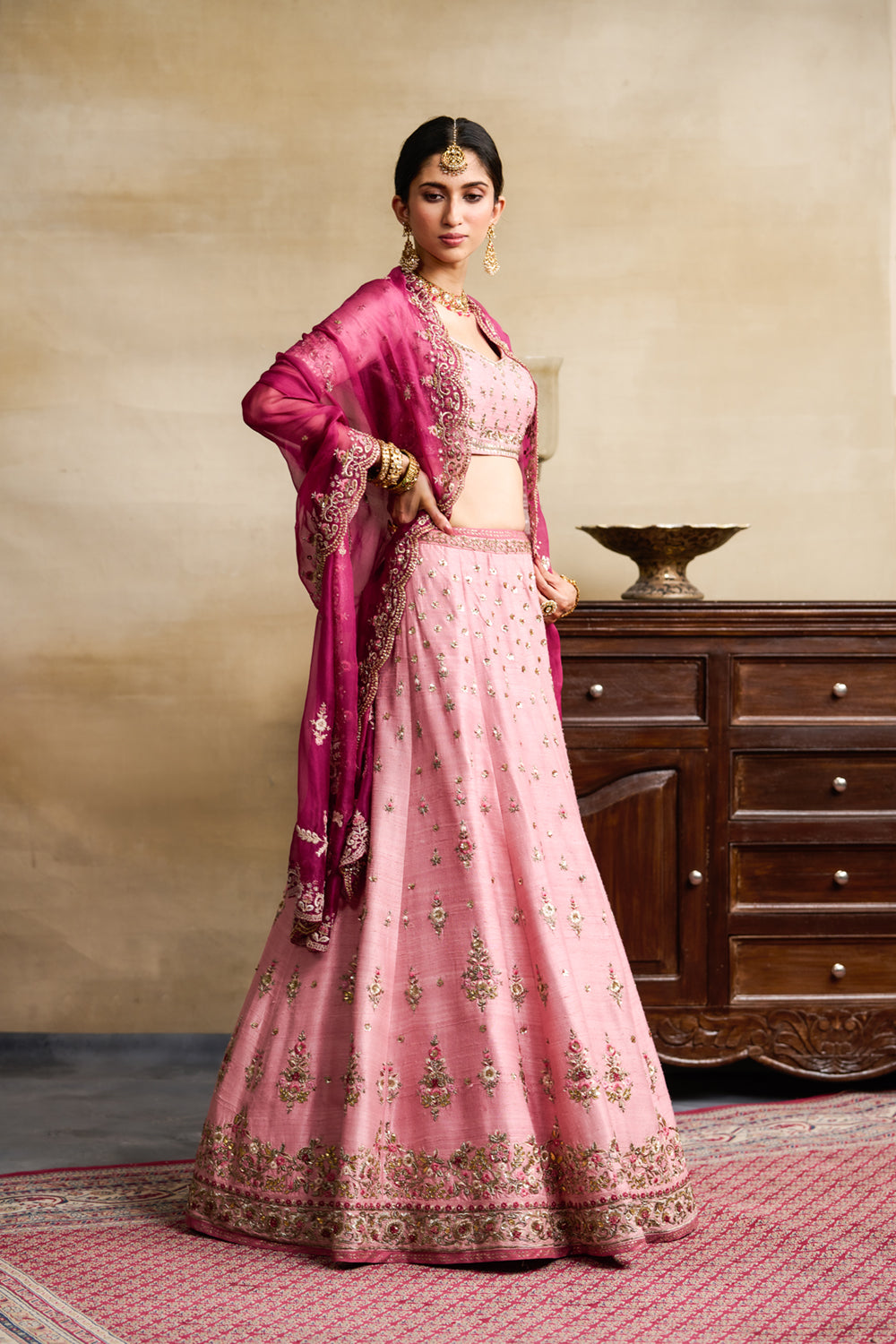 Old Rose Embroidered Lehenga Set