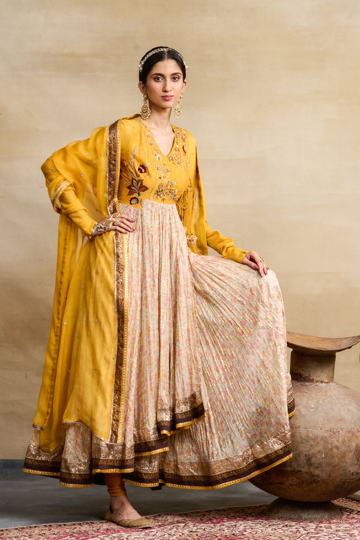 Yellow & Toosh Chanderi Printed & Embroidered Anarkali Set (3 PCS)