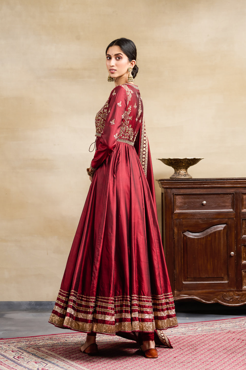 Maroon Silk Jacket Style Embroidered Anarkali Set