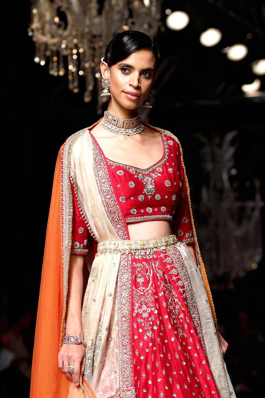 Red & Orange Dupion Embroidered Lehenga Only (1 PC)