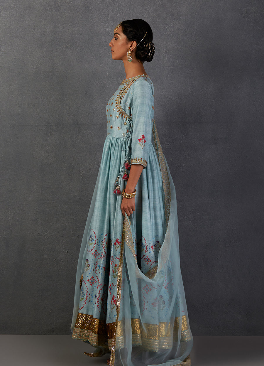 Aqua Silk Chanderi Printed & Embroidered Angrakha Style Anarkali Set