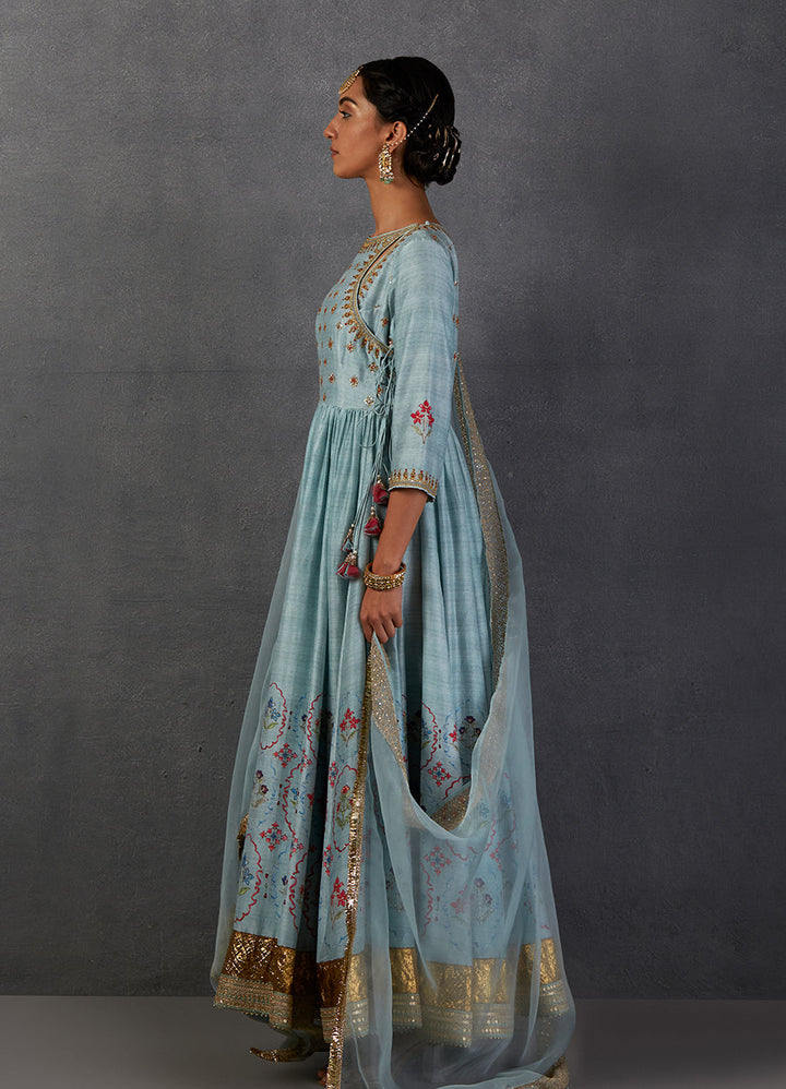 Aqua Silk Chanderi Printed & Embroidered Angrakha Style Anarkali Set