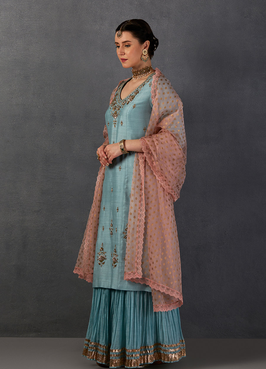 Aqua Georgette Tussar Embroidered Kurta Set