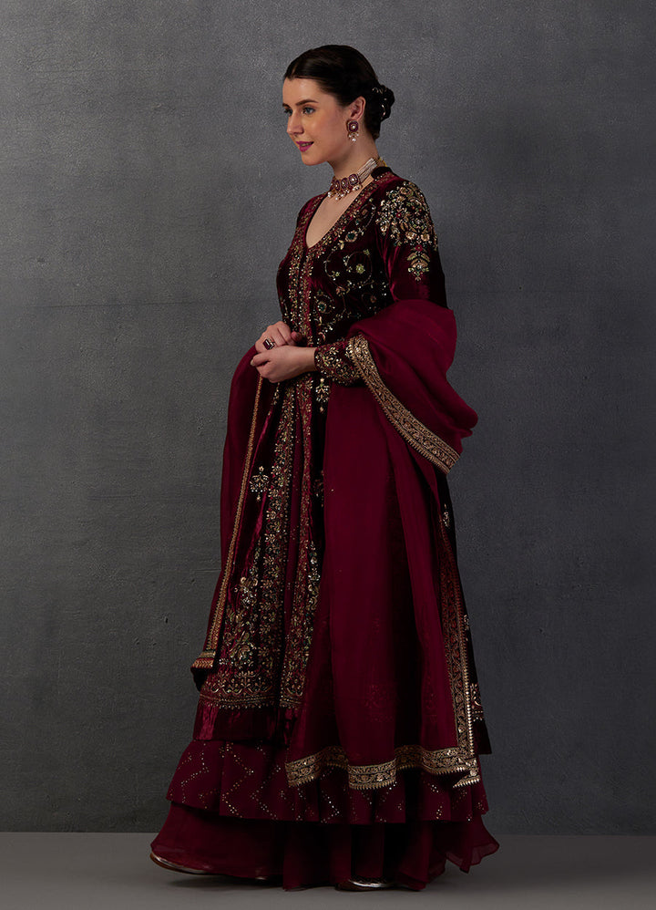 Maroon Silk Velvet Embroidered Jacket Set