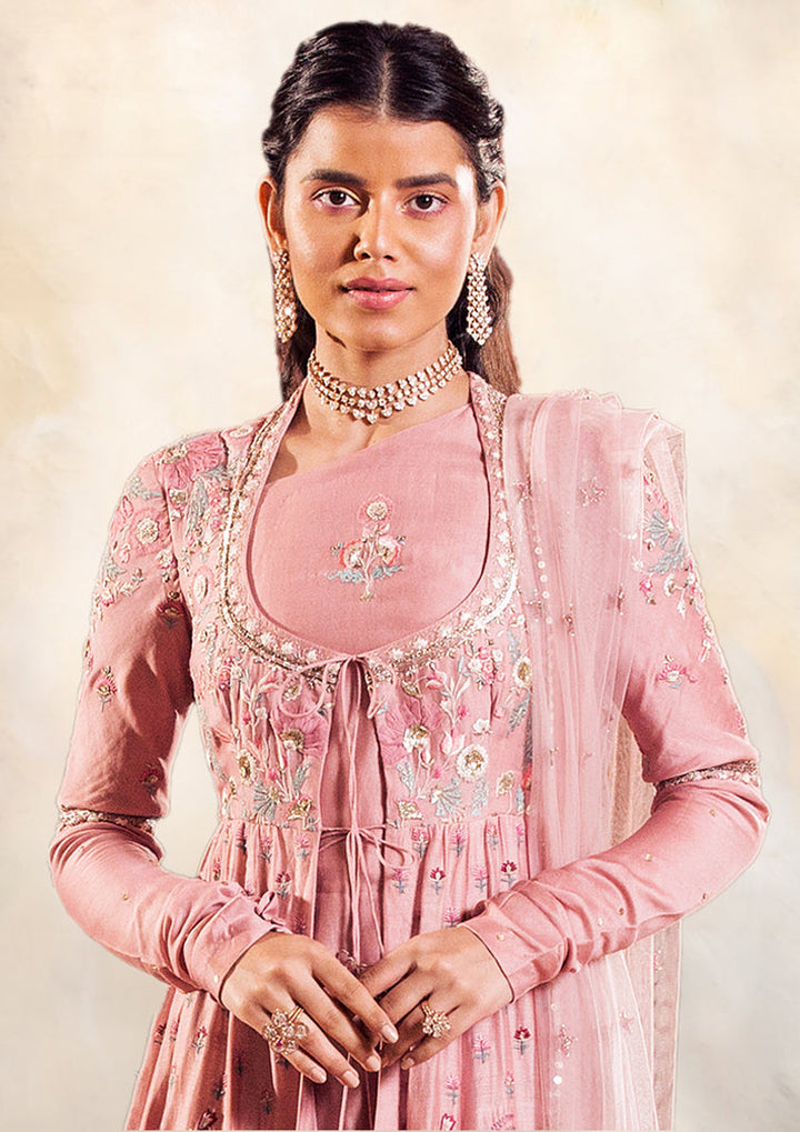 Old Rose Embroidered Angrakha Style Kurta Set