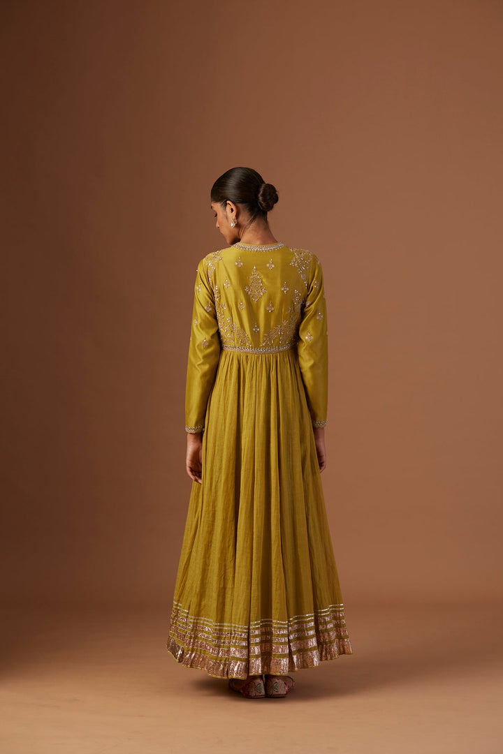 Olive Tissue Anarkali Paired With Churidaar And Dupatta