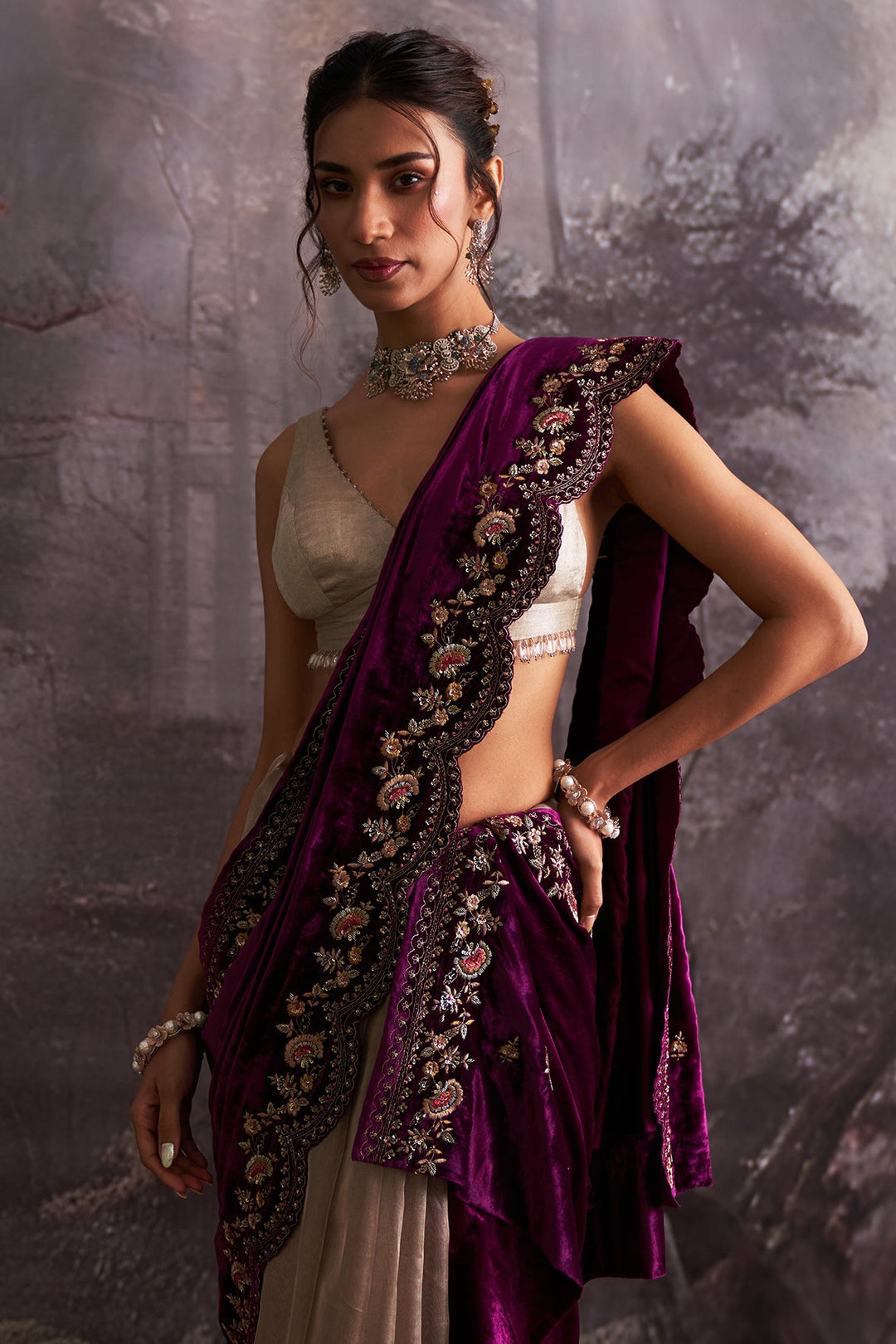 Brown Crush Organza Tissue & Purple Velvet Embroidered Saree Set (4 PCS)