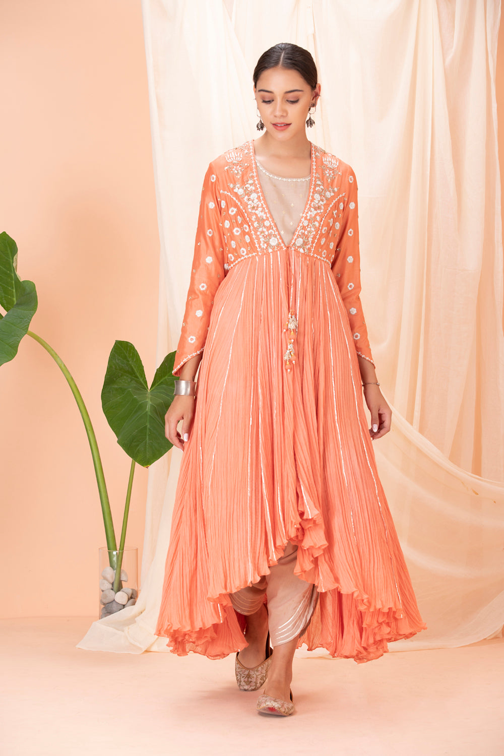 Peach Jacket With Kurta And Dhoti