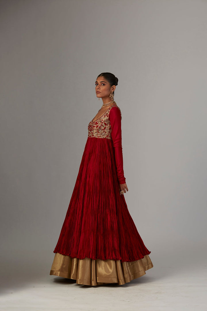 Red Silk Emb. Anarkali Organza Emb. Dupatta & Copper Lame Skirt